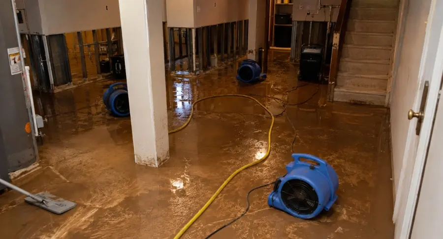 A flooded Riverton, NJ basement being pumped out and dried