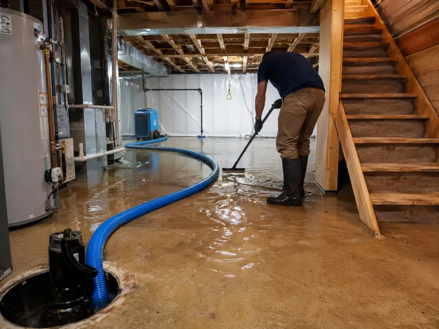 A crew extracting standing water from a flooded Riverton, NJ basement floor
